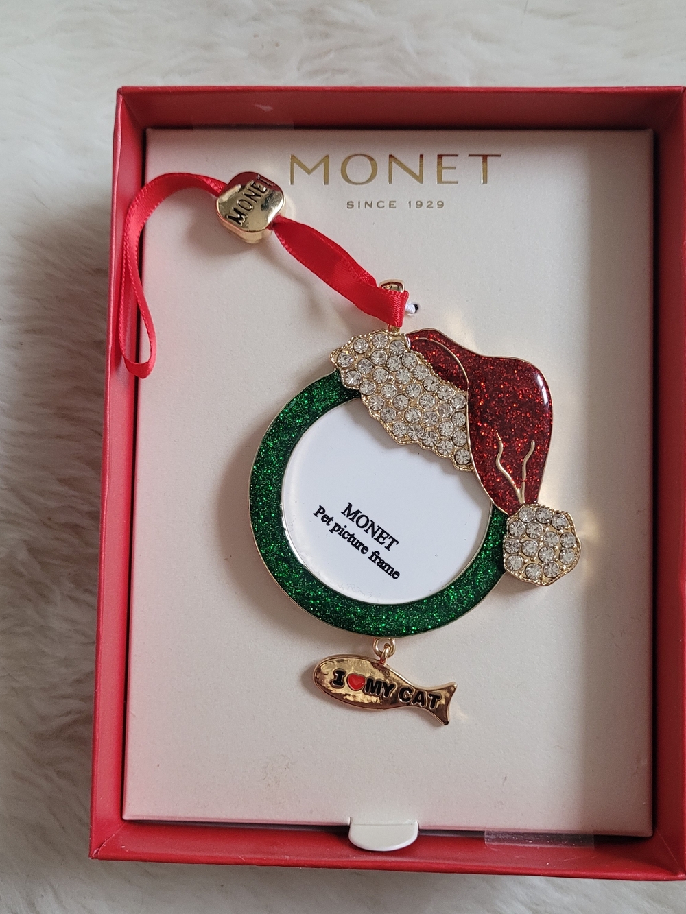 Monet Red & Green Holiday Cat Photo Frame Ornament